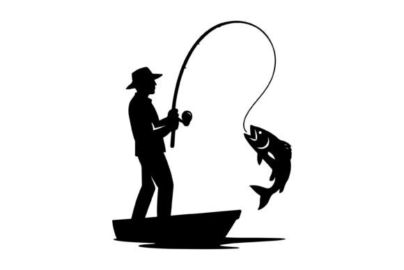 Fisherman Catching Large Fish Silhouette